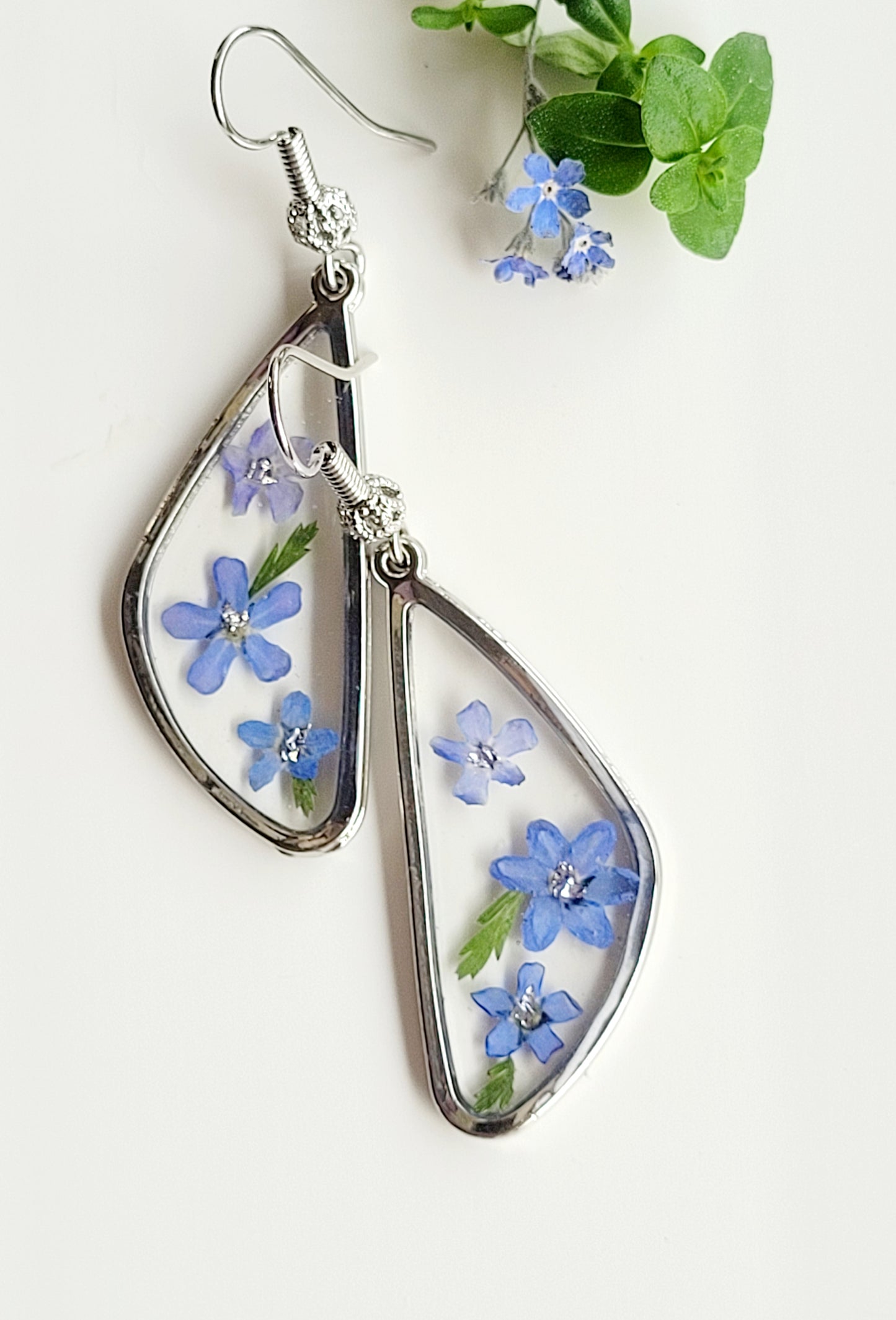 Floral handcrafted earrings with real fogrt me not. Unique Gift. Unique Canadian jewelry