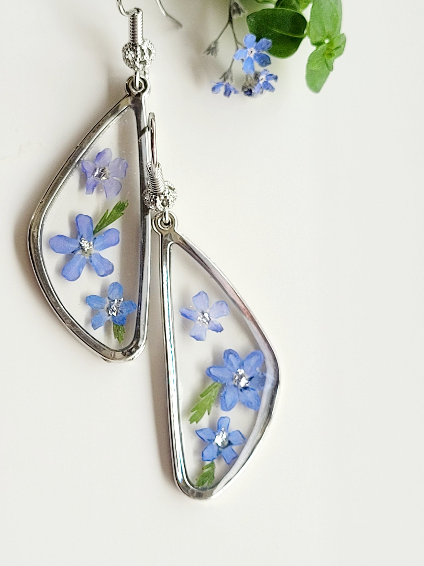 Floral handcrafted earrings with real fogrt me not. Unique Gift. Unique Canadian jewelry
