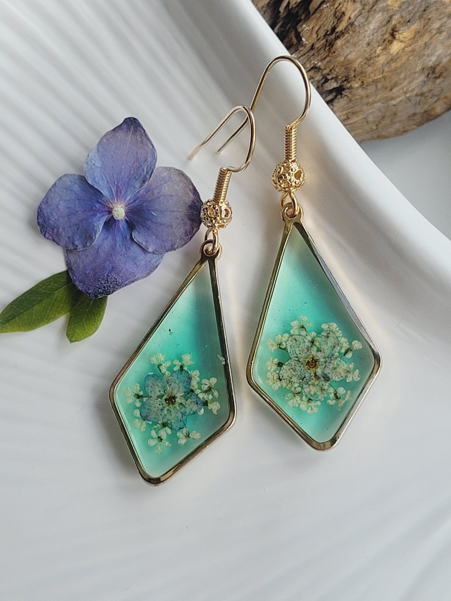 Floral handcrafted earrings with wildflowers and foget me nots. Unique Gift. Unique Canadian jewelry