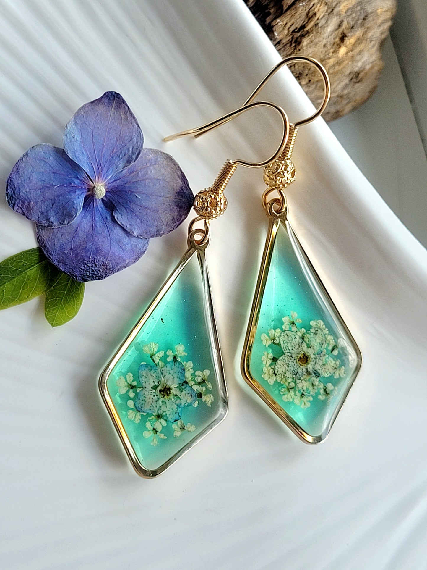 Floral handcrafted earrings with wildflowers and foget me nots. Unique Gift. Unique Canadian jewelry