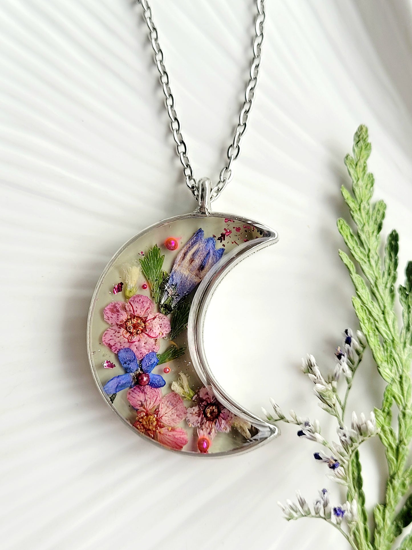 Handcrafted crescent necklace with real wildflowers, one-of-a-kind necklace and special gift for her.
