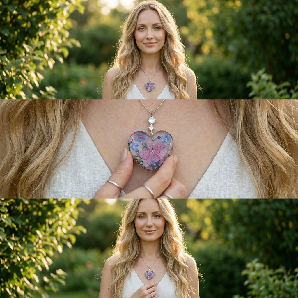 Pink Hydrangea and forget-me-not heart necklace. Handmade real flower jewelry. Canadian handcrafted jewelry. Unique gift and jewelry