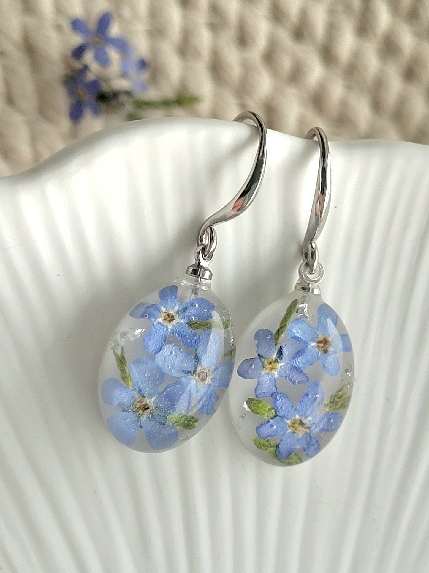 Floral handcrafted earrings with real fogert me not. Unique Gift. Unique Canadian jewelry