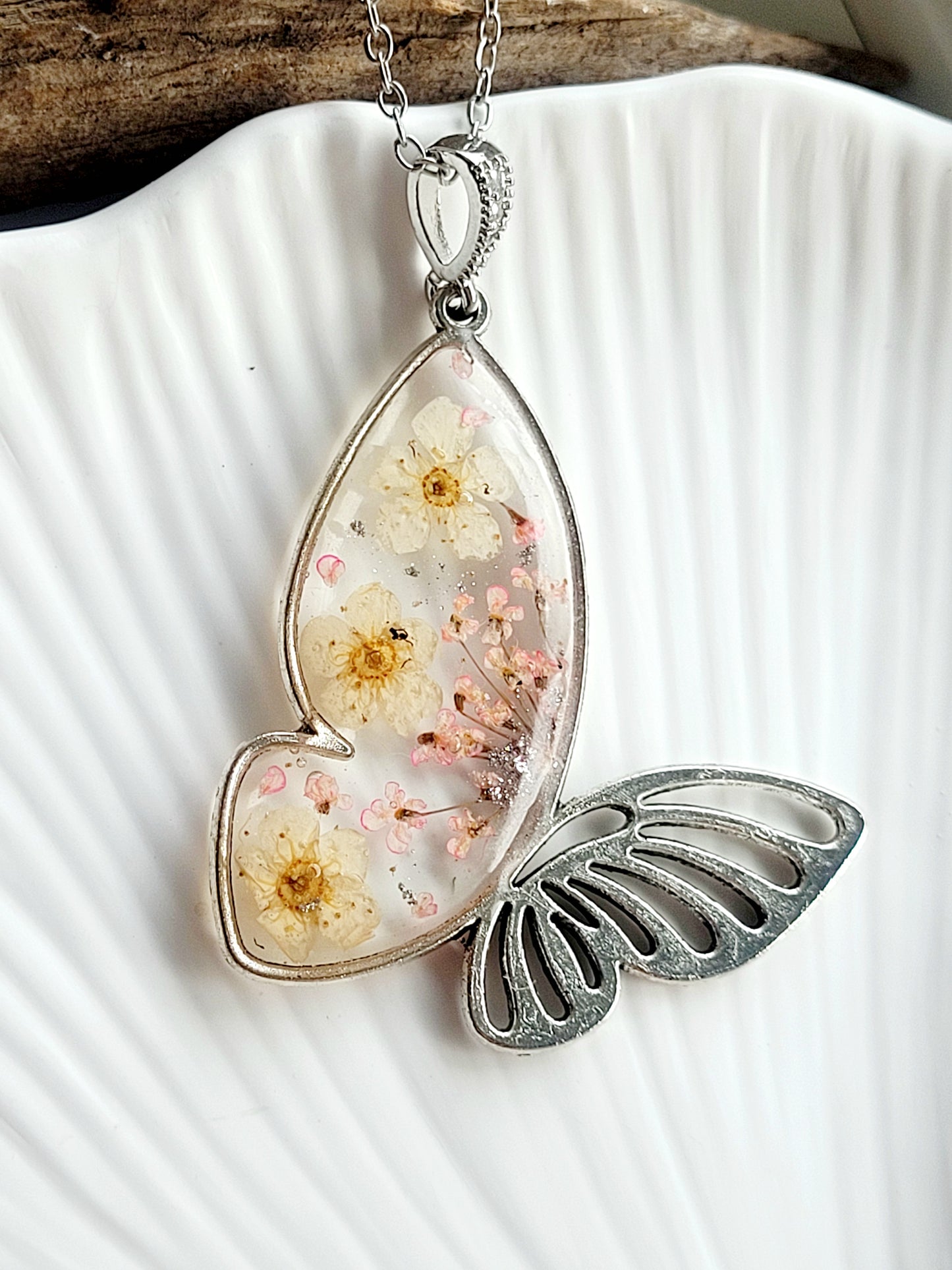 Botanical, handcrafted white and pink butterfly necklac with genuine flowers. Unique gift