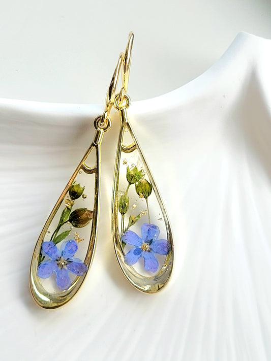 Botanical, handcrafted earrings with real foget me not flowers. Giftf or her. Unique Gift. Tear-drop earrings