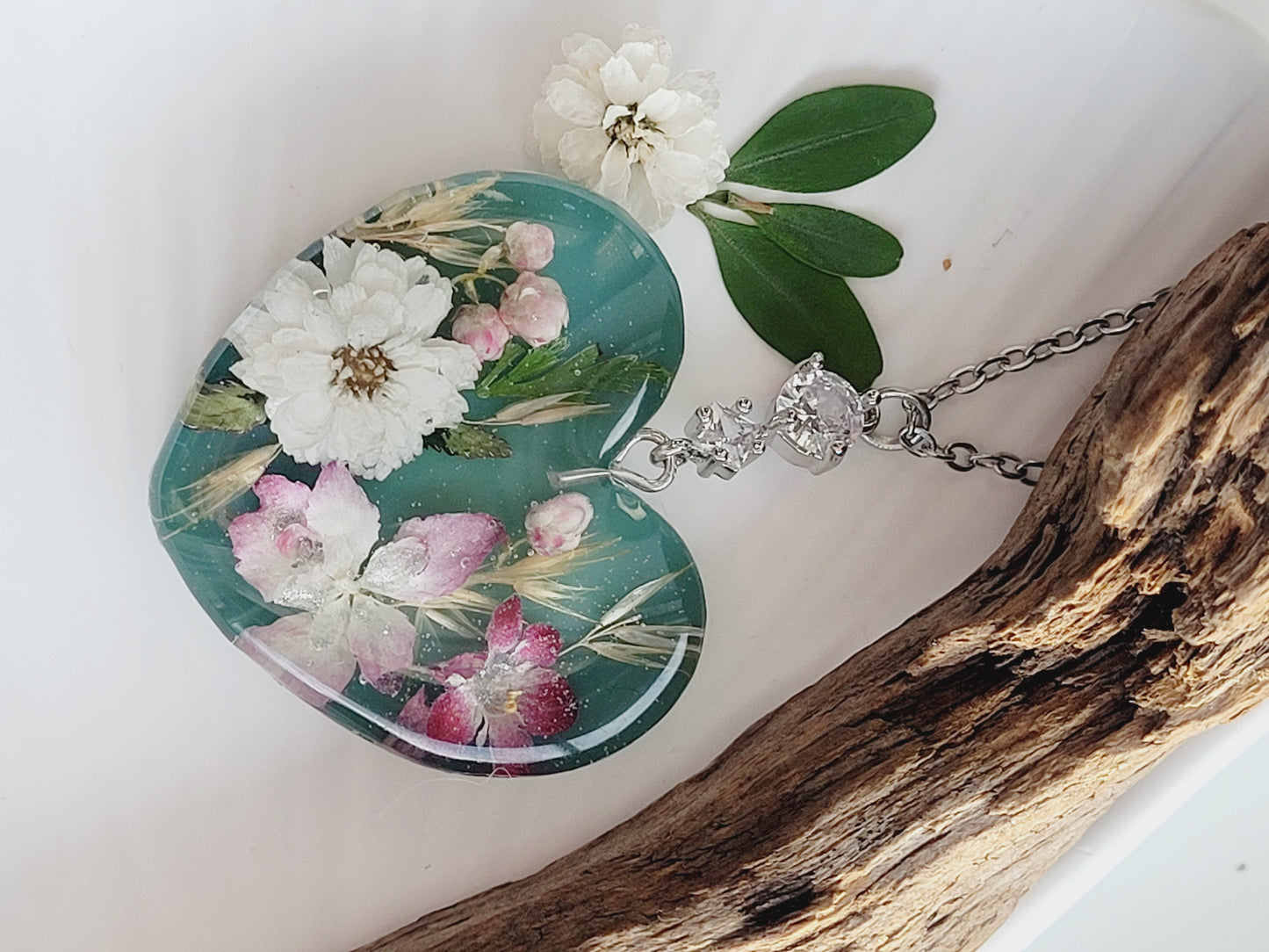 Floral botanical handcrafted heart necklace with genuine hydrangea and white pearl flower