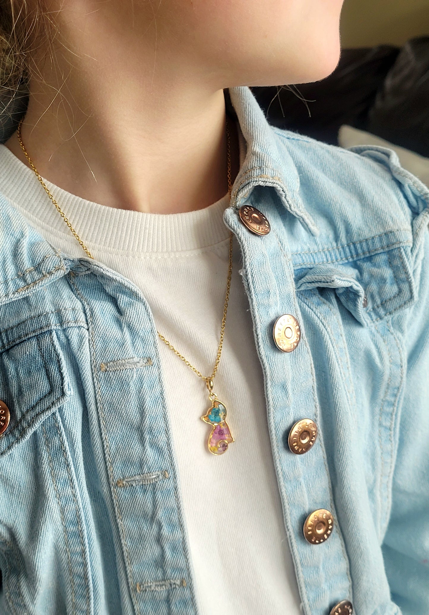Floral botanical cat necklace. Kitten charm.Kids accessory. Little girl pendant Flower kitty cat necklace pressed flower necklace gift for a girl