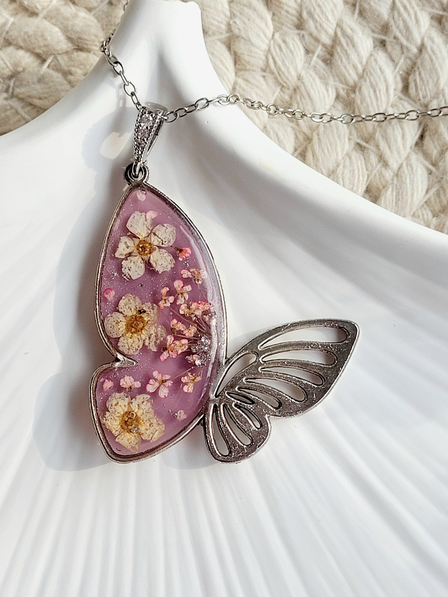 Botanical, handcrafted white and pink butterfly necklac with genuine flowers. Unique gift