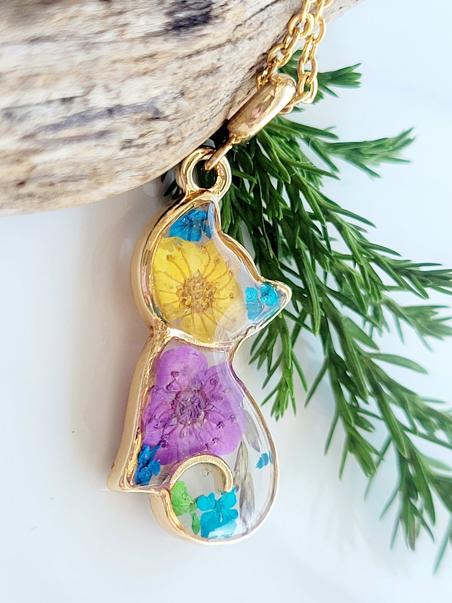 Floral botanical cat necklace. Kitten charm.Kids accessory. Little girl pendant Flower kitty cat necklace pressed flower necklace gift for a girl