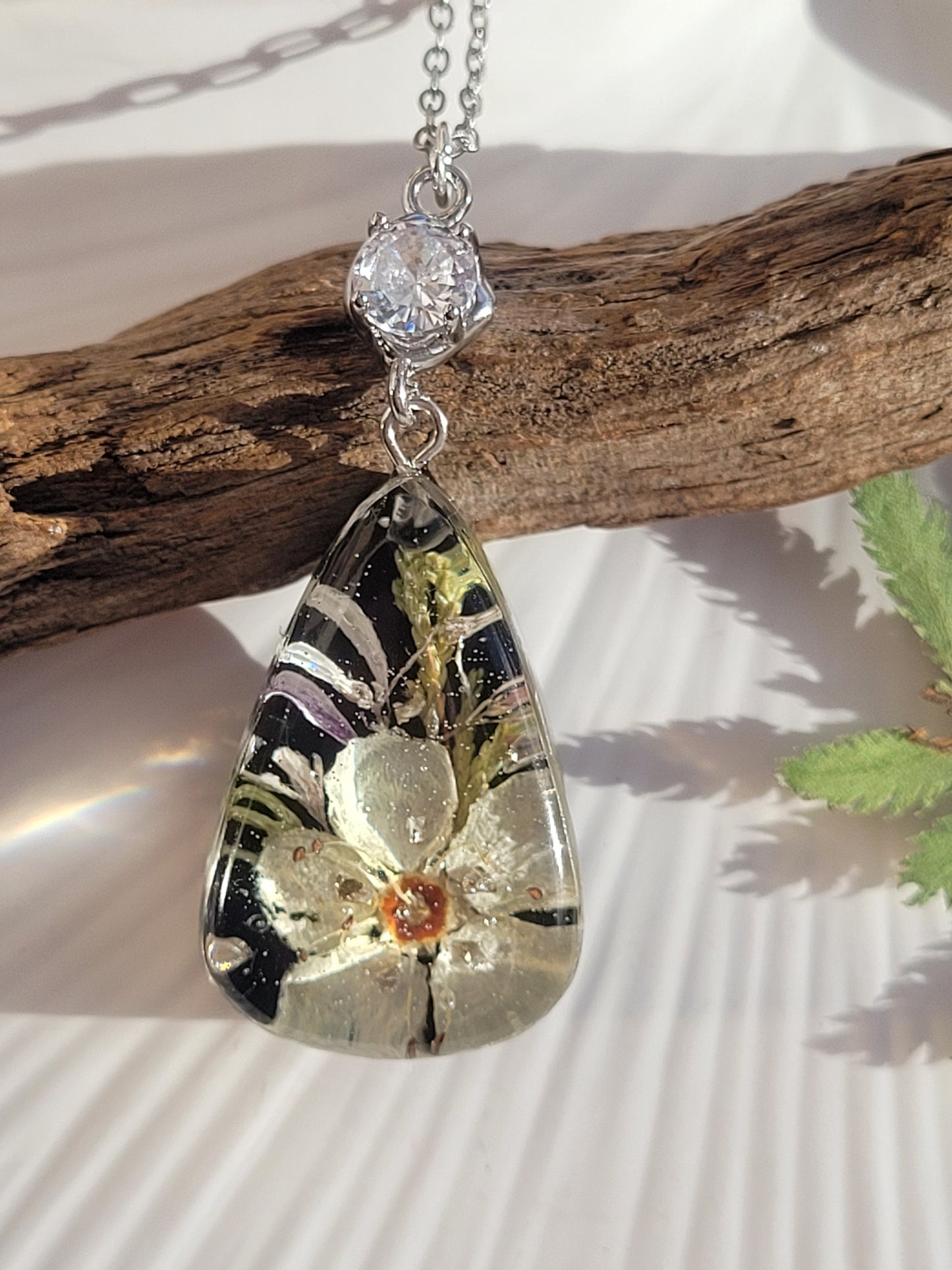 Floral botanical handcrafted tear drop necklace with genuine crabapple flower