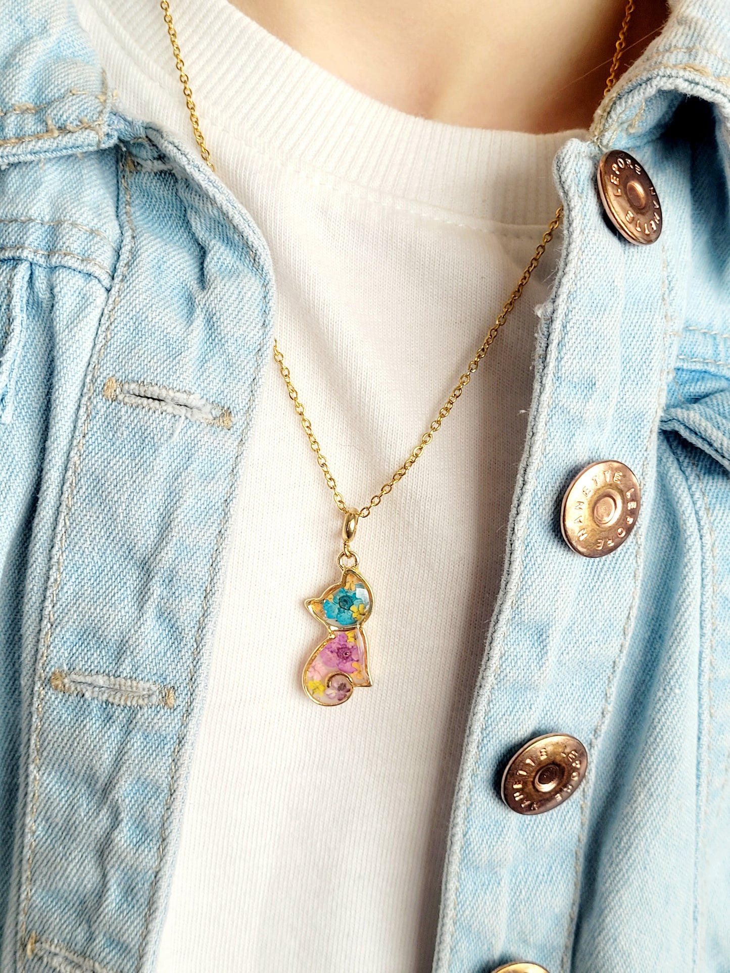 Floral botanical cat necklace. Kitten charm.Kids accessory. Little girl pendant Flower kitty cat necklace pressed flower necklace gift for a girl