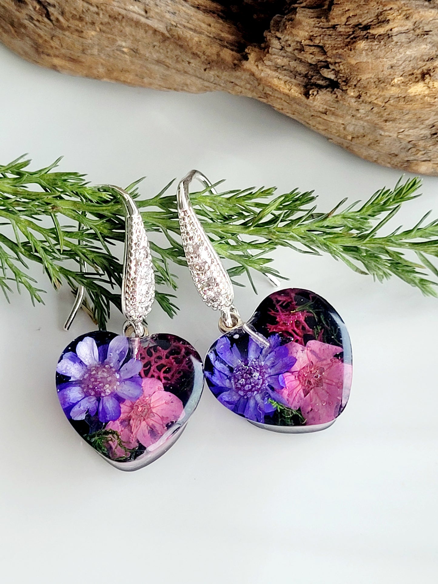 Botanical, handcrafted heart earrings with real flowers. Unique Gift. Cottage core heart earrings. Canadian jewelry