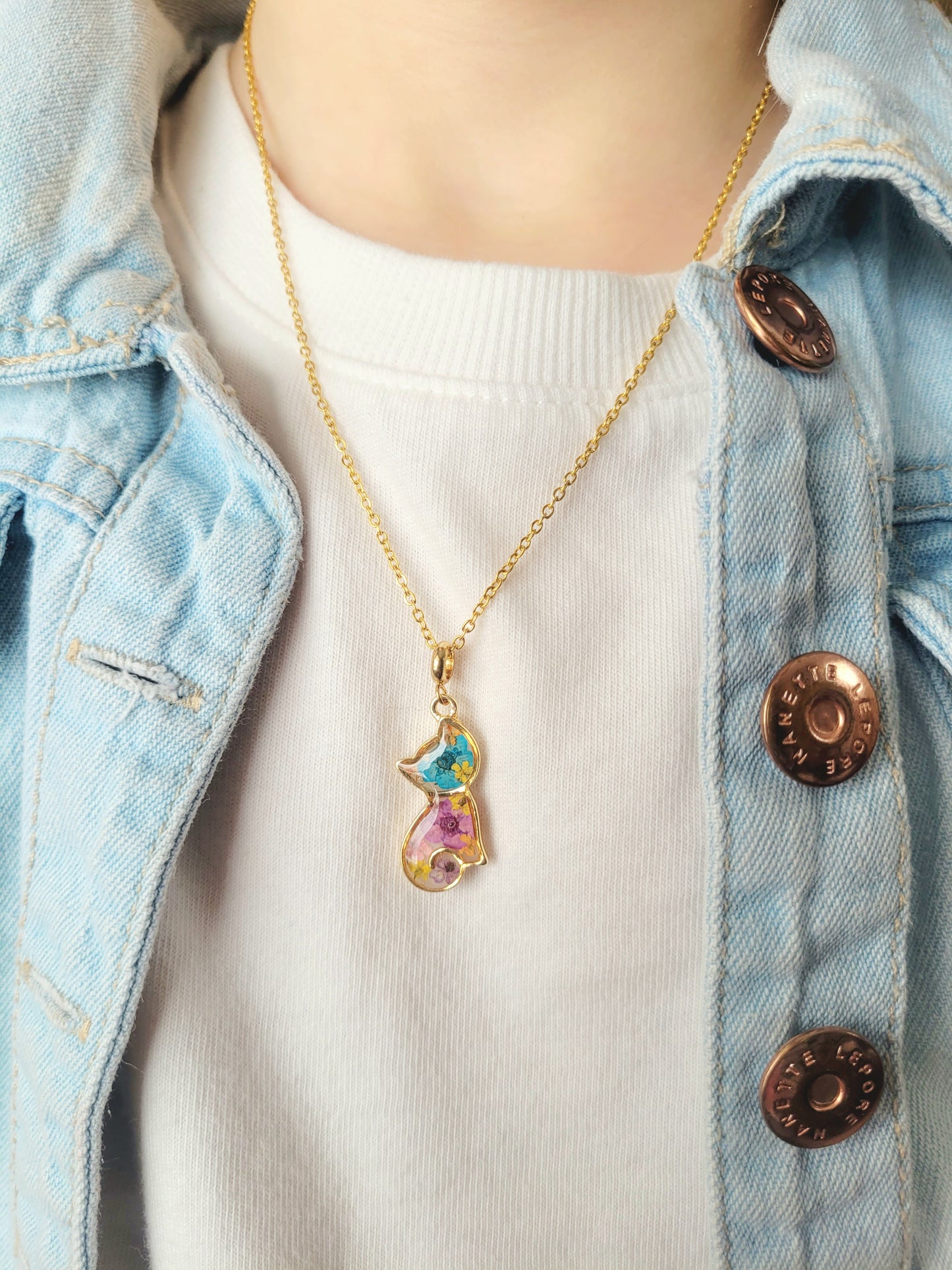 Floral botanical cat necklace. Kitten charm.Kids accessory. Little girl pendant Flower kitty cat necklace pressed flower necklace gift for a girl