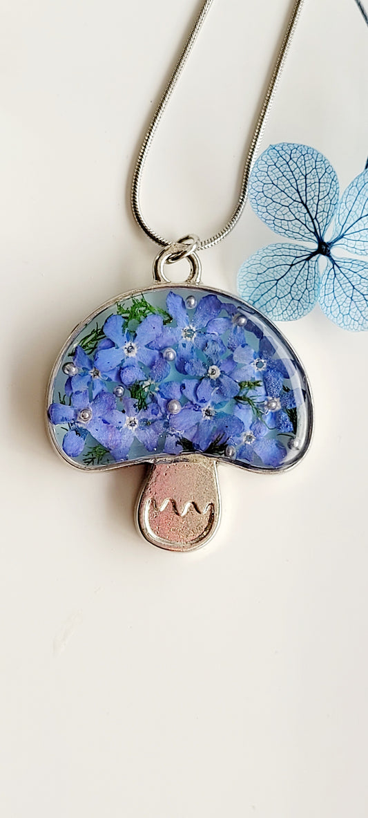 Mushroom necklace with genuine forget me nots