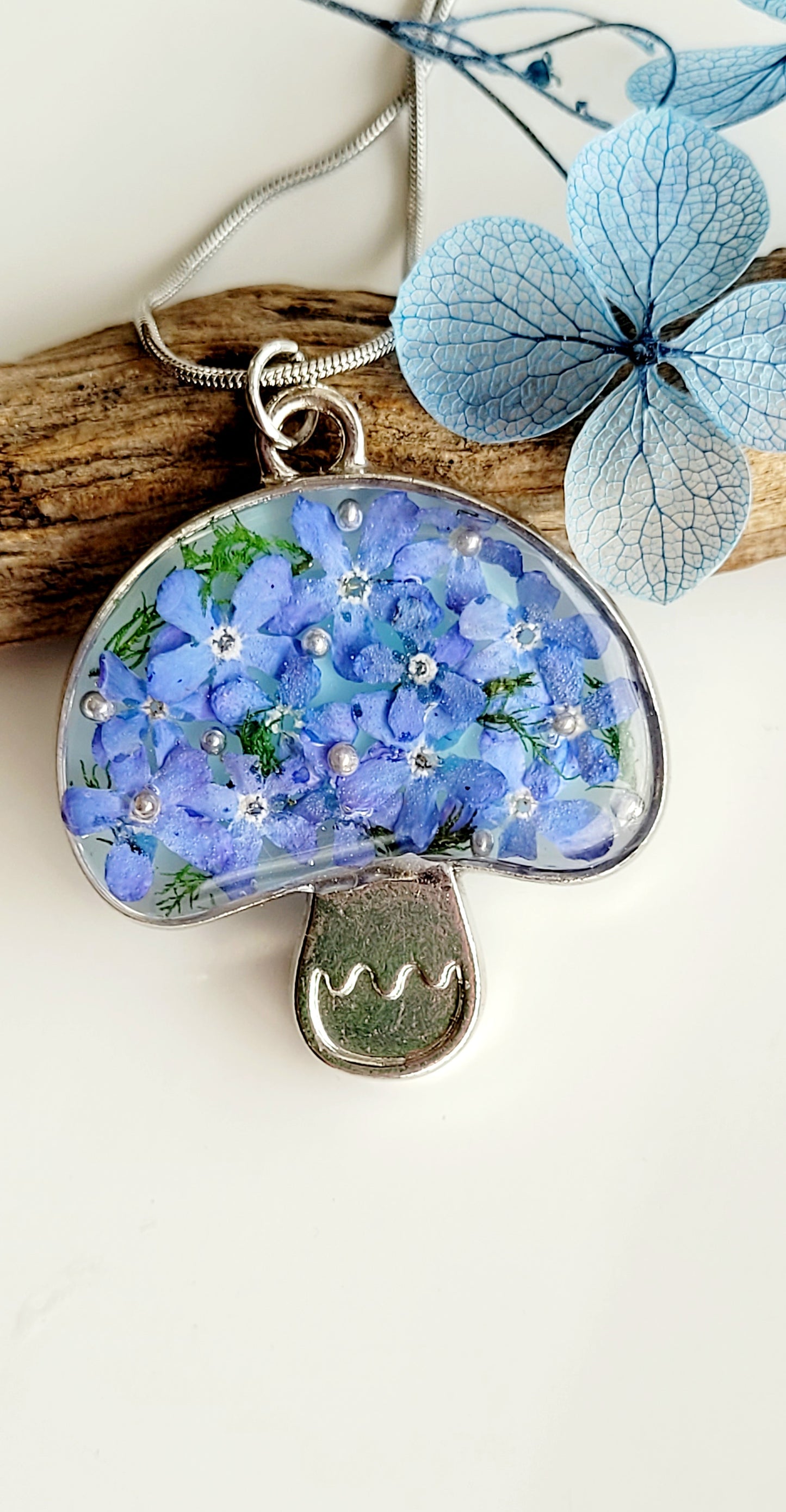 Mushroom necklace with genuine forget me nots