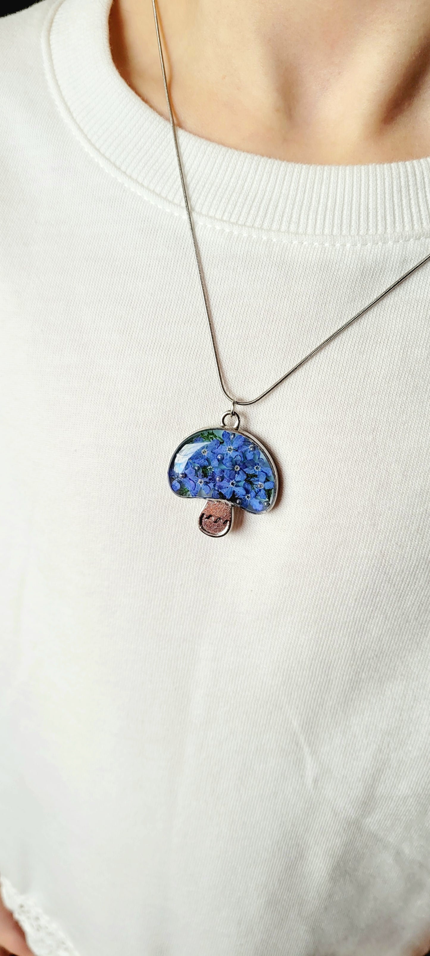 Mushroom necklace with genuine forget me nots