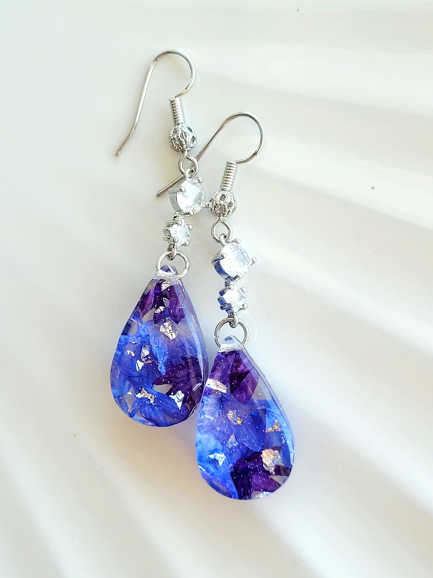 Floral handcrafted earrings with real cornflower petas.  Unique Gift. Unique Canadian jewelry