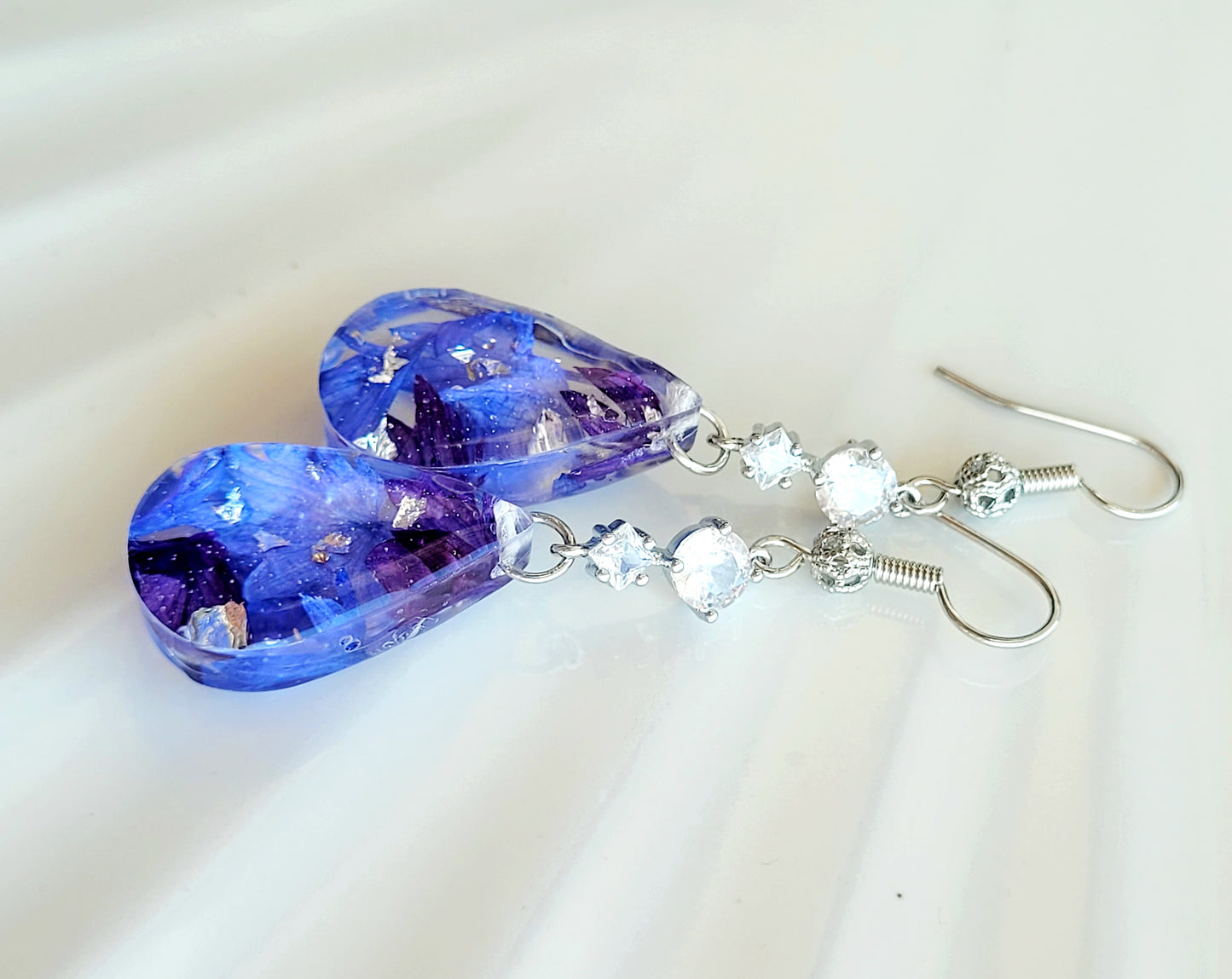 Floral handcrafted earrings with real cornflower petas.  Unique Gift. Unique Canadian jewelry