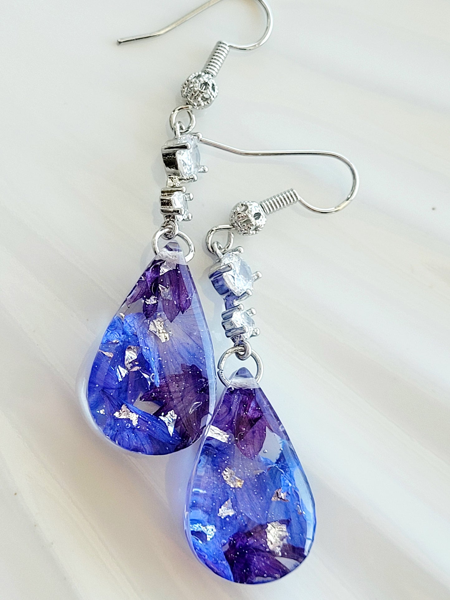 Floral handcrafted earrings with real cornflower petas.  Unique Gift. Unique Canadian jewelry
