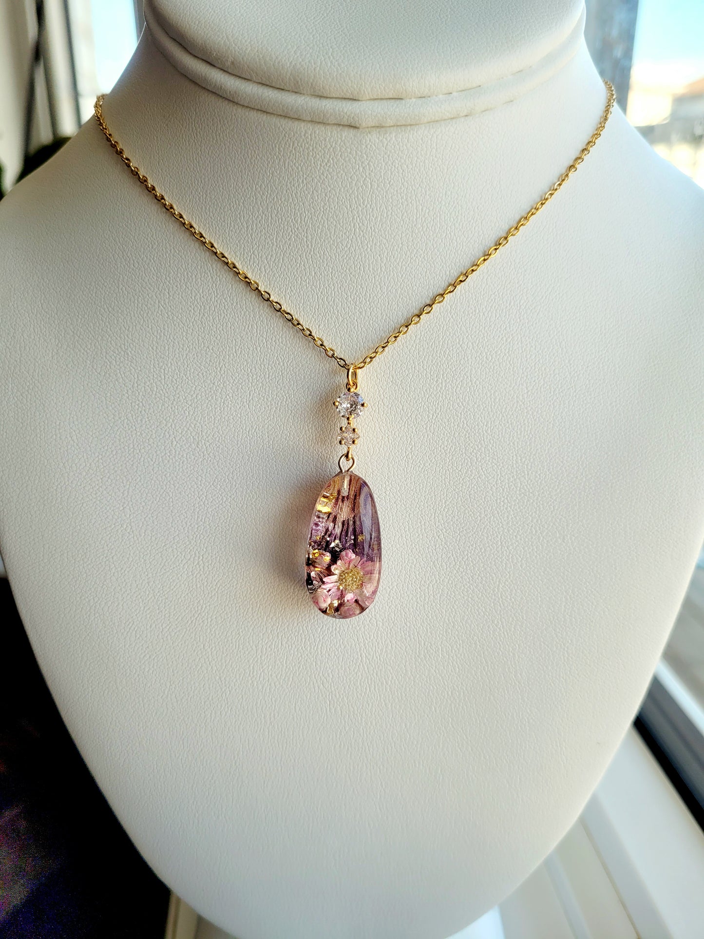 Handcrafted astroemeria necklace with real astroemeria petal. One-of-a-kind necklace and special gift