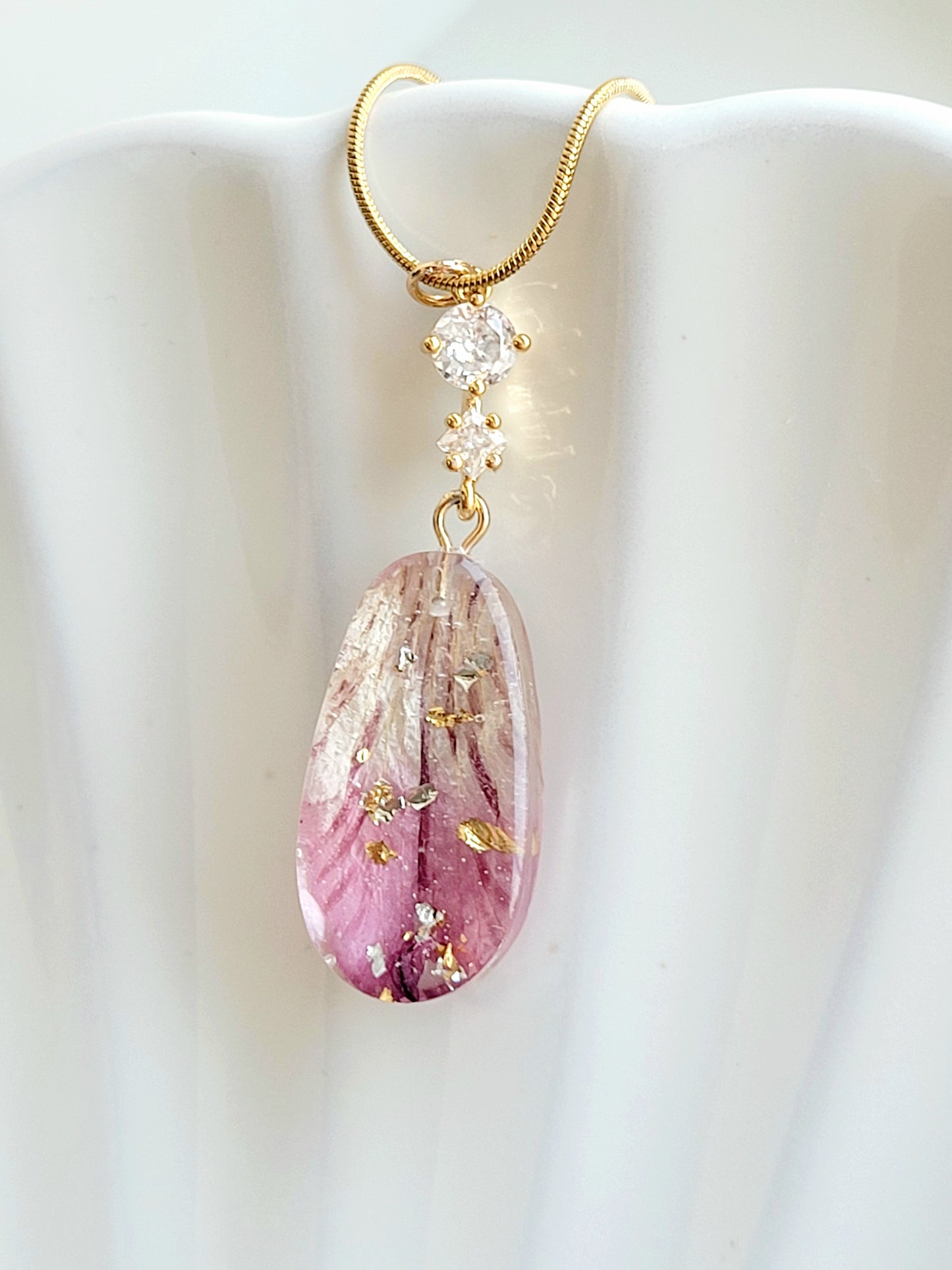 Handcrafted astroemeria necklace with real astroemeria petal. One-of-a-kind necklace and special gift