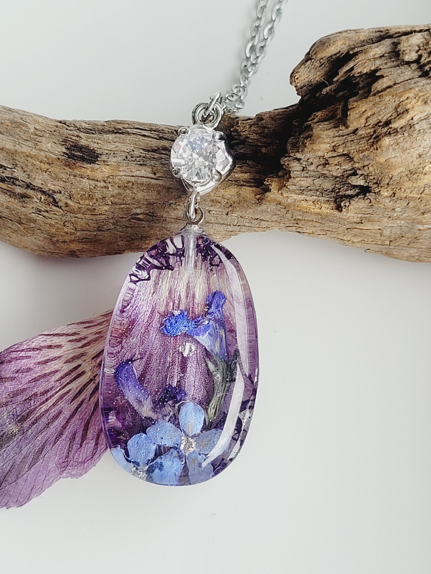 Handcrafted astroemeria necklace with real astroemeria petal and foget me not flowers. One-of-a-kind necklace and special gift