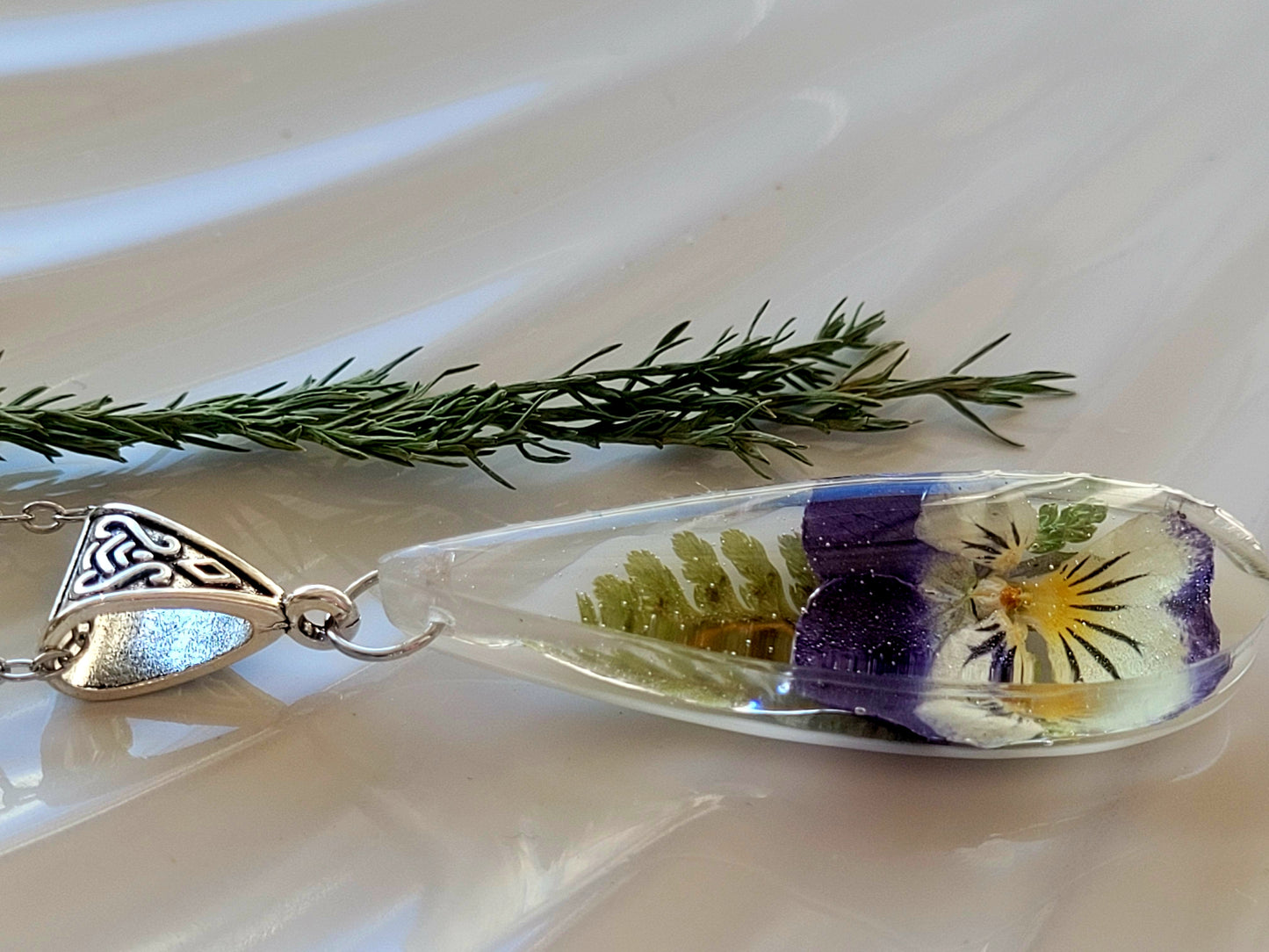Handcrafted necklace with real viola. One-of-a-kind necklace and special gift for her