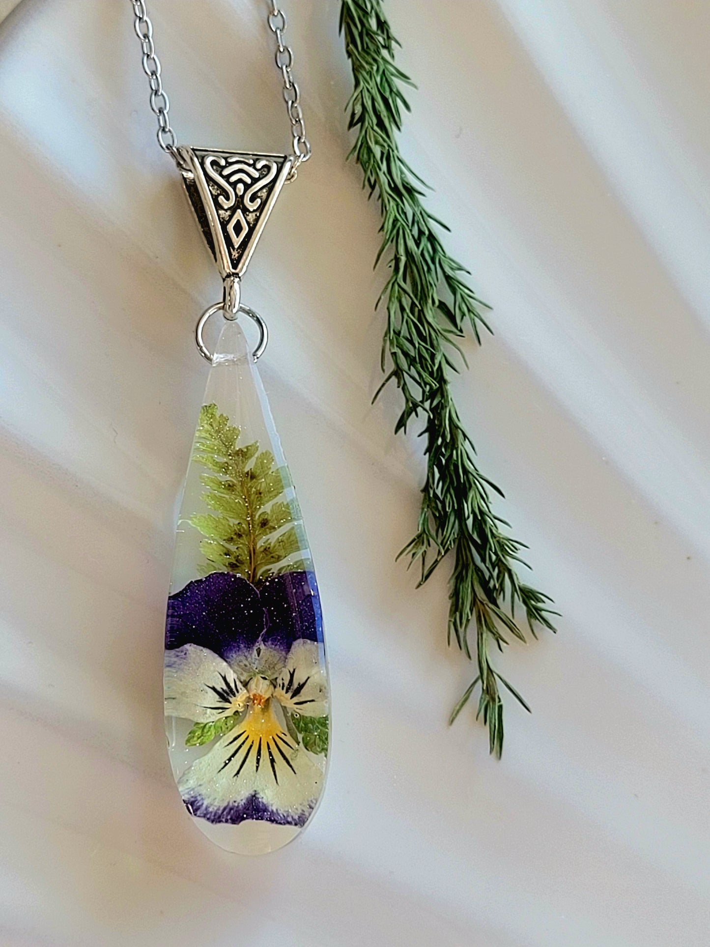 Handcrafted necklace with real viola. One-of-a-kind necklace and special gift for her