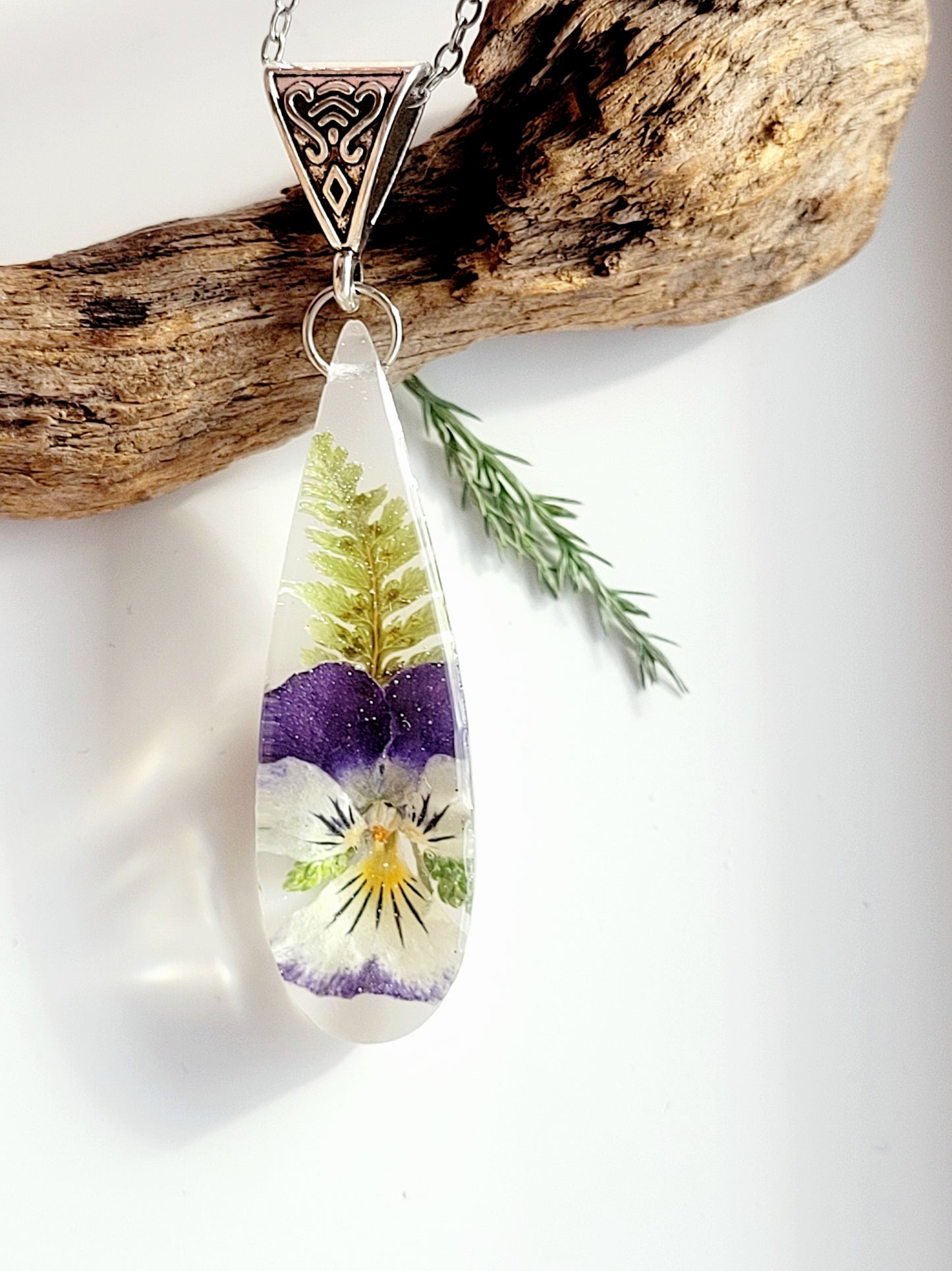 Handcrafted necklace with real viola. One-of-a-kind necklace and special gift for her