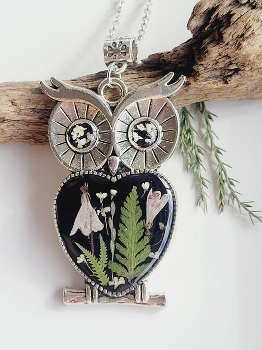 Handmade owl necklace with real snowdrops. Unique pressed flower jewelry. Mother's day Gift.