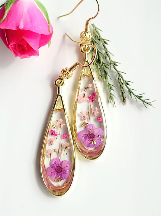 Purple Botanical, handcrafted earrings with real genuine wildflowers. Mothers day gift. Giftf or her. Unique Gift. Cottage core earrings tear-drop earrings