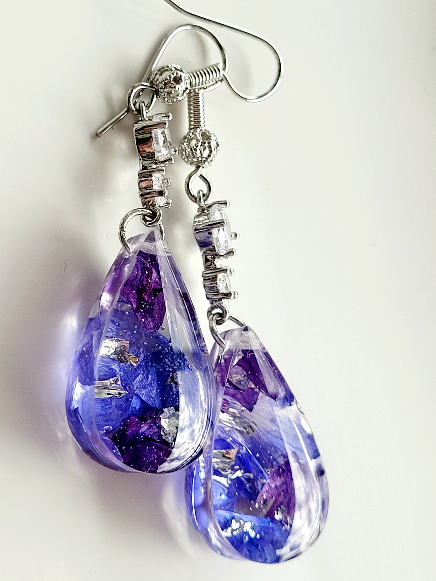 Floral handcrafted earrings with real cornflower petas.  Unique Gift. Unique Canadian jewelry