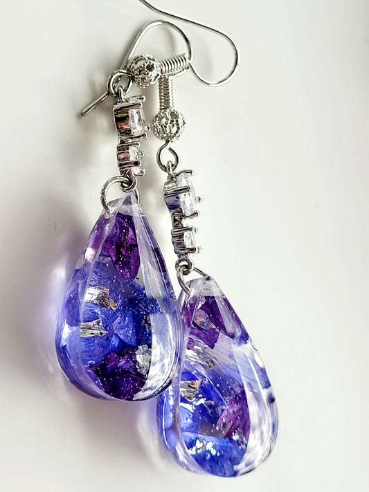 Floral handcrafted earrings with real cornflower petas.  Unique Gift. Unique Canadian jewelry