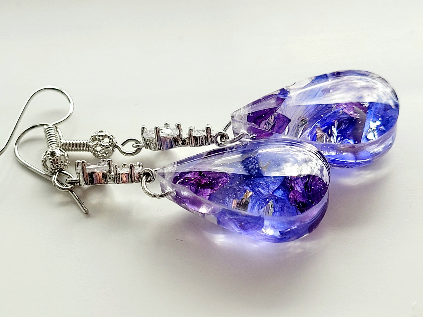 Floral handcrafted earrings with real cornflower petas.  Unique Gift. Unique Canadian jewelry