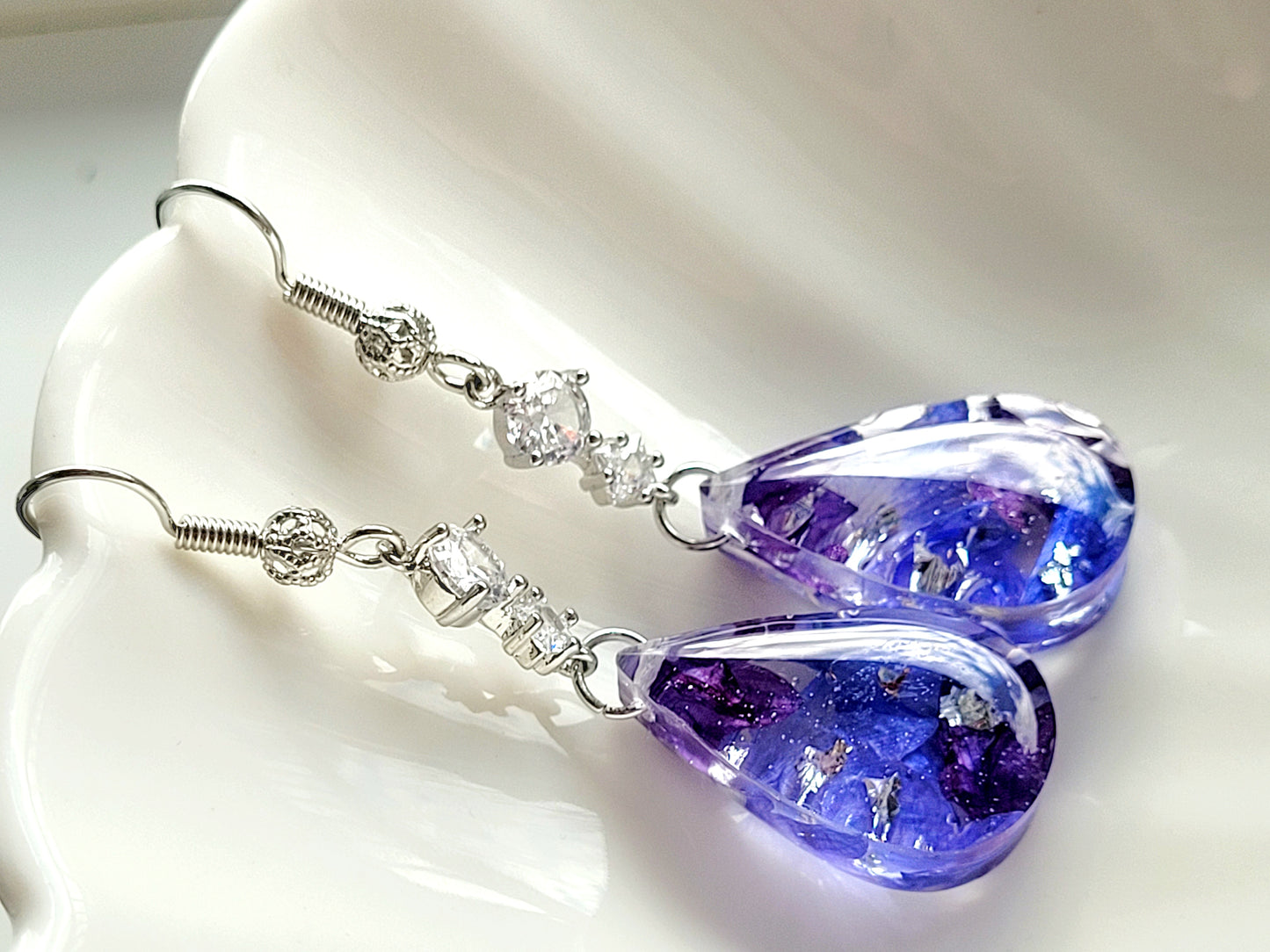 Floral handcrafted earrings with real cornflower petas.  Unique Gift. Unique Canadian jewelry