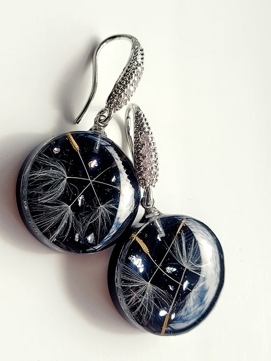Round dandelion seed earrings. Handcrafted earrings with dandelion seeds. Elegant ad stylish light handmade earrings