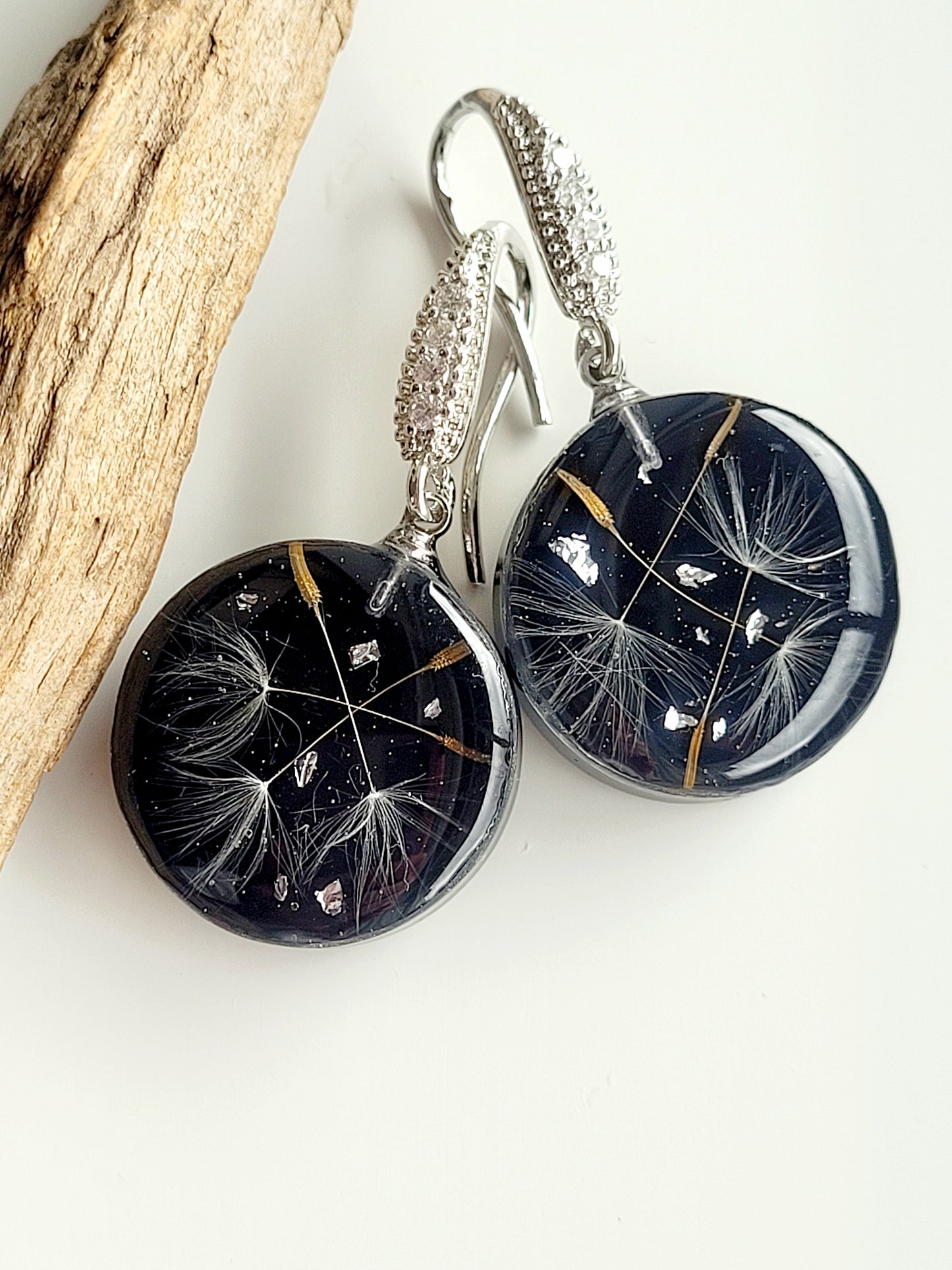 Round dandelion seed earrings. Handcrafted earrings with dandelion seeds. Elegant ad stylish light handmade earrings