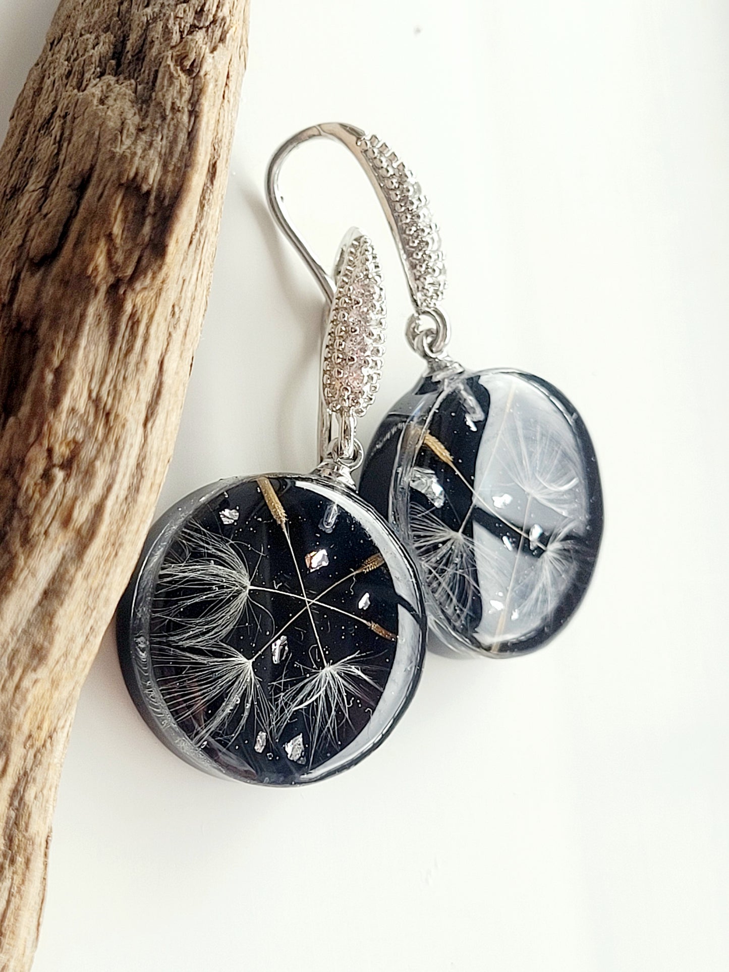 Round dandelion seed earrings. Handcrafted earrings with dandelion seeds. Elegant ad stylish light handmade earrings