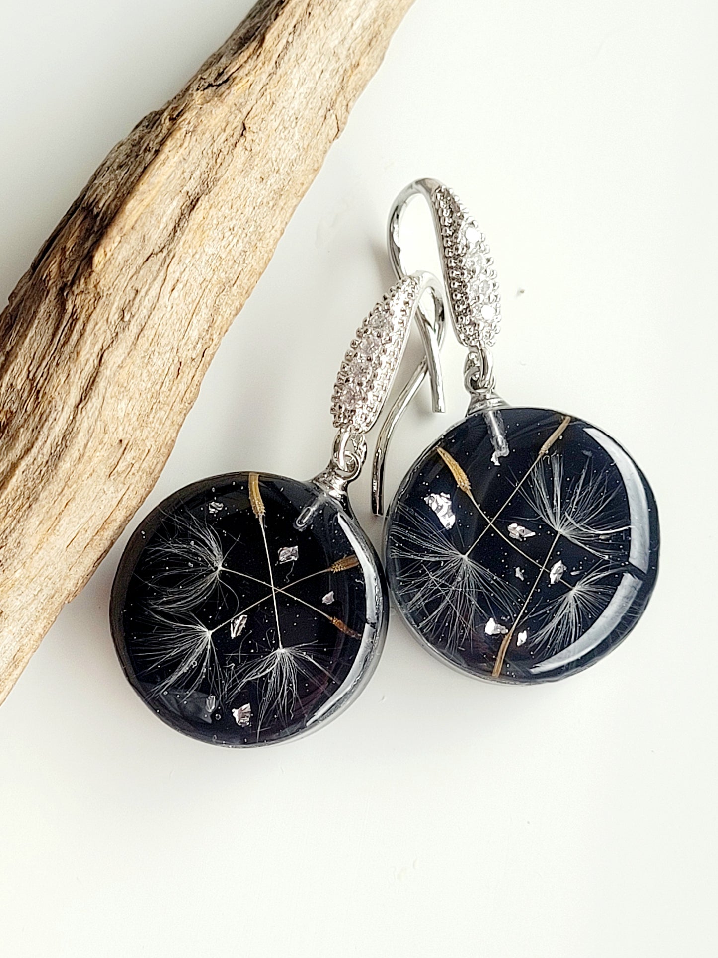 Round dandelion seed earrings. Handcrafted earrings with dandelion seeds. Elegant ad stylish light handmade earrings