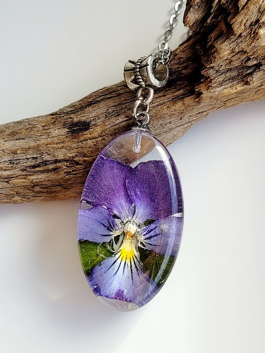 Handcrafted necklace with real pansy. One-of-a-kind necklace and special gift for Mother's day
