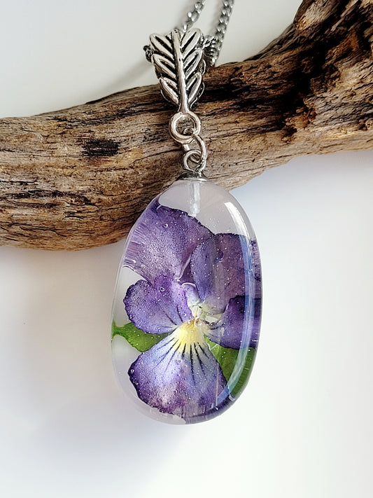 Handcrafted necklace with real pansy. One-of-a-kind necklace and special gift for Mother's day