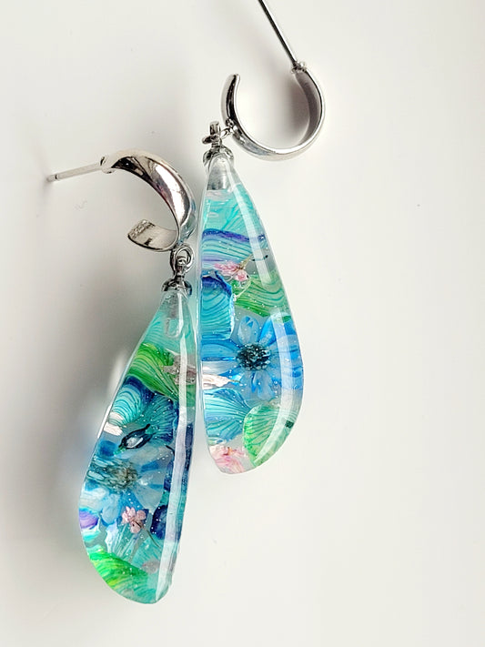 Botanical, handcrafted earrings with real flowers (genista). Unique Gift. Cottage core teal earrings. Canadian jewelry