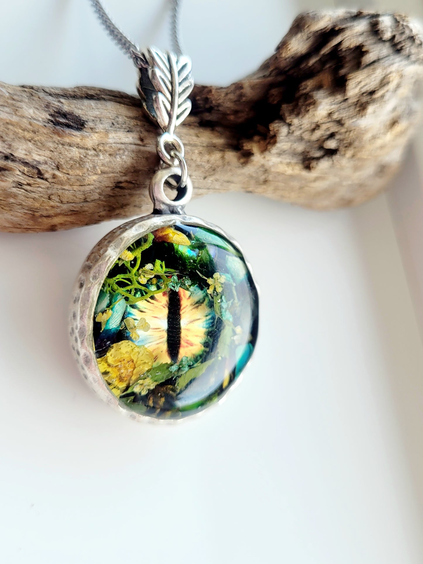 Floral dragon eye framed necklace. Real genista flowers. Dragon necklace. Game of thrones