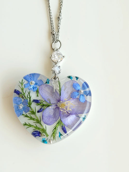 Floral botanical handcrafted heart necklace with genuine Hepatica