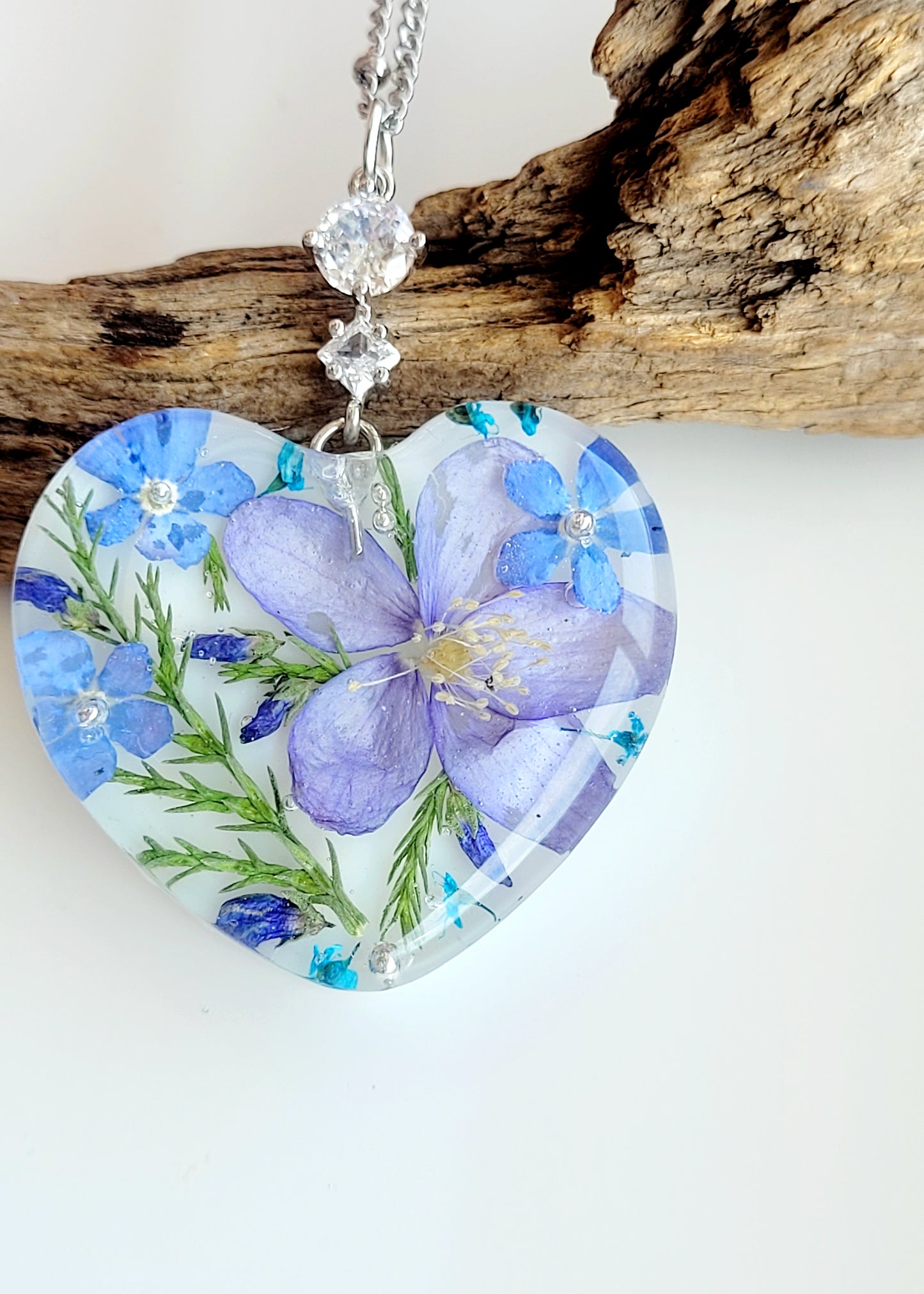 Floral botanical handcrafted heart necklace with genuine Hepatica