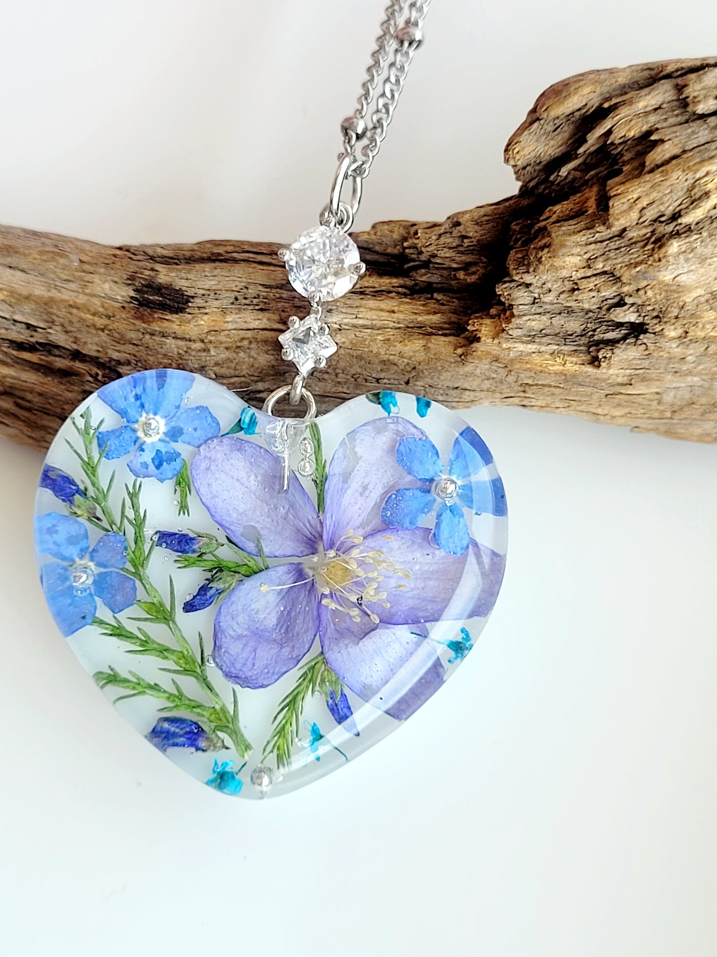 Floral botanical handcrafted heart necklace with genuine Hepatica
