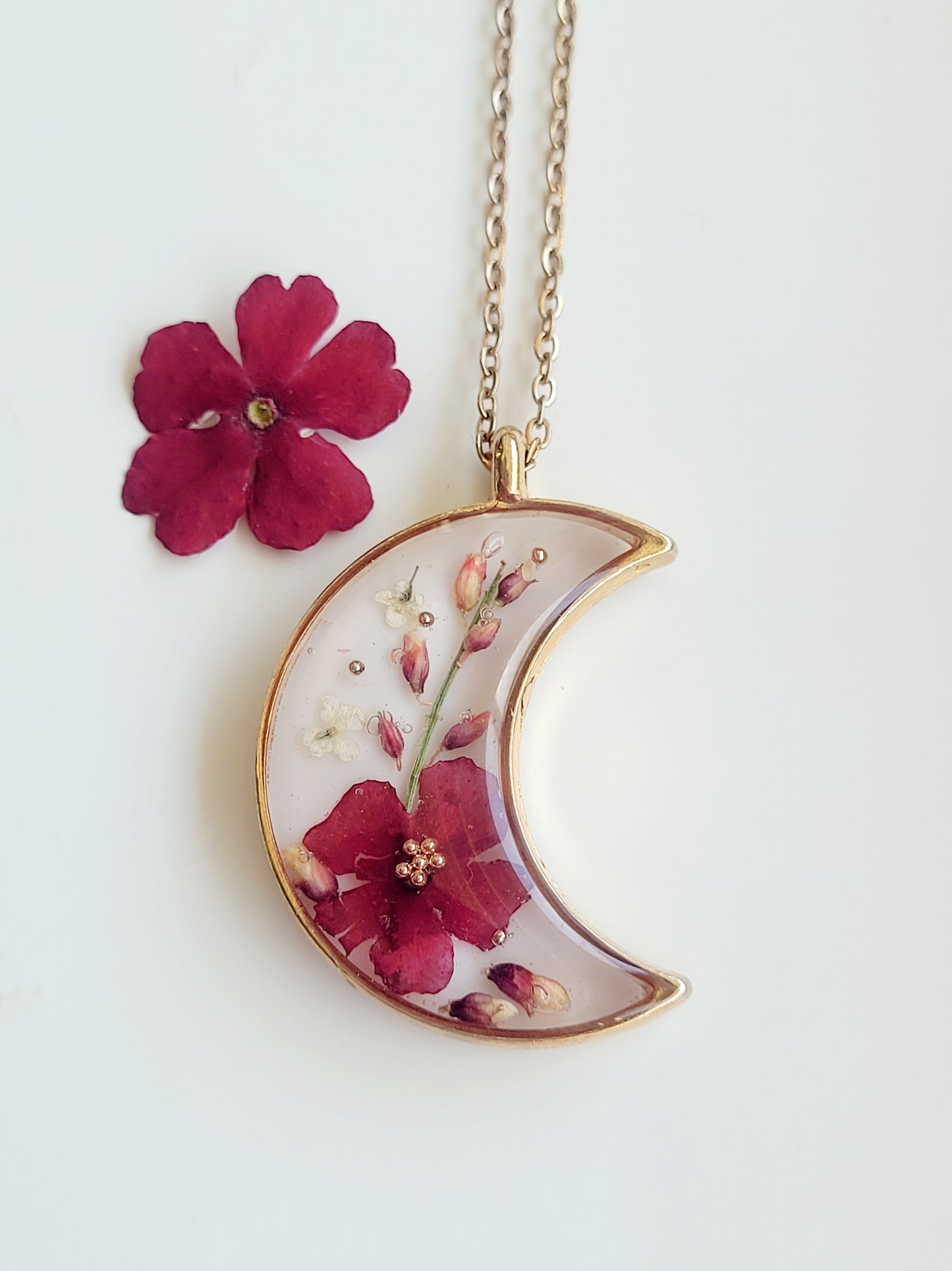 Handcrafted crescent necklace with real wildflowers, one-of-a-kind necklace and special gift for her