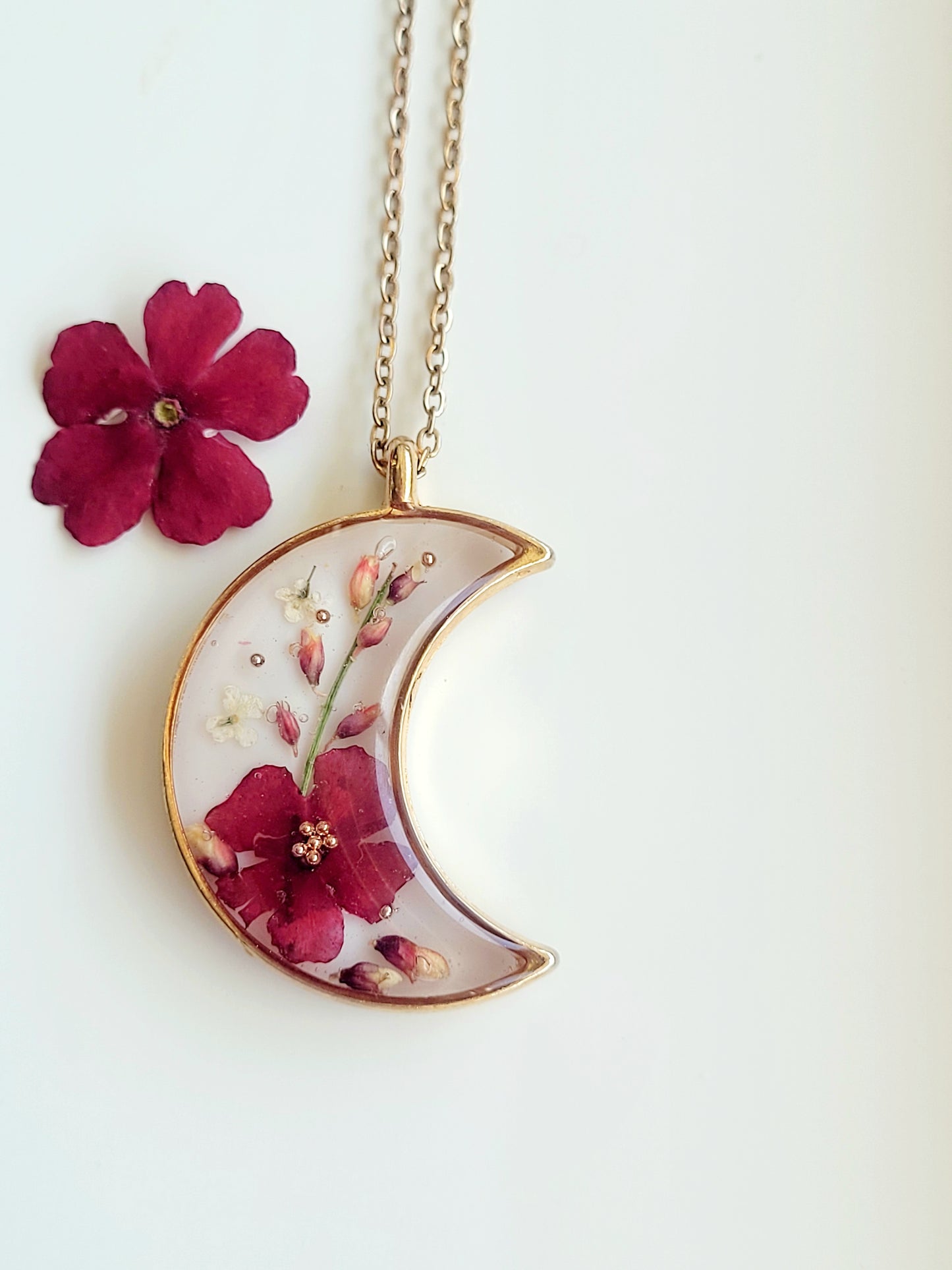 Handcrafted crescent necklace with real wildflowers, one-of-a-kind necklace and special gift for her