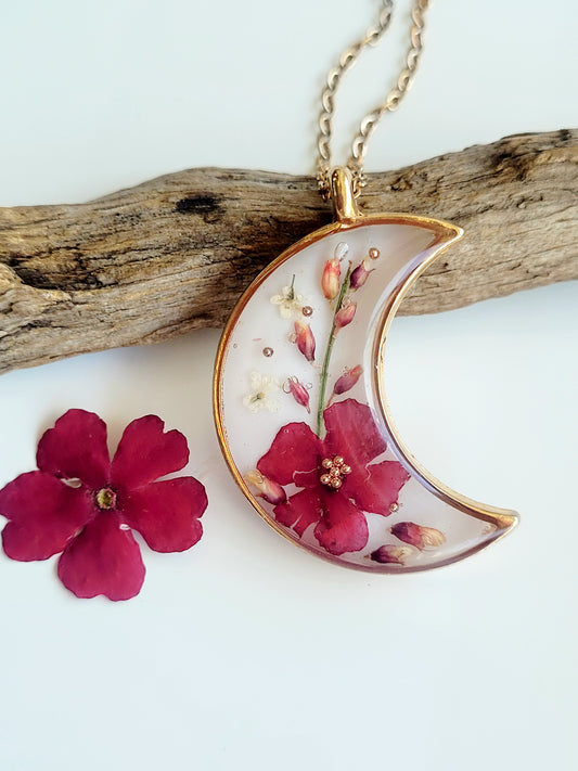 Handcrafted crescent necklace with real wildflowers, one-of-a-kind necklace and special gift for her