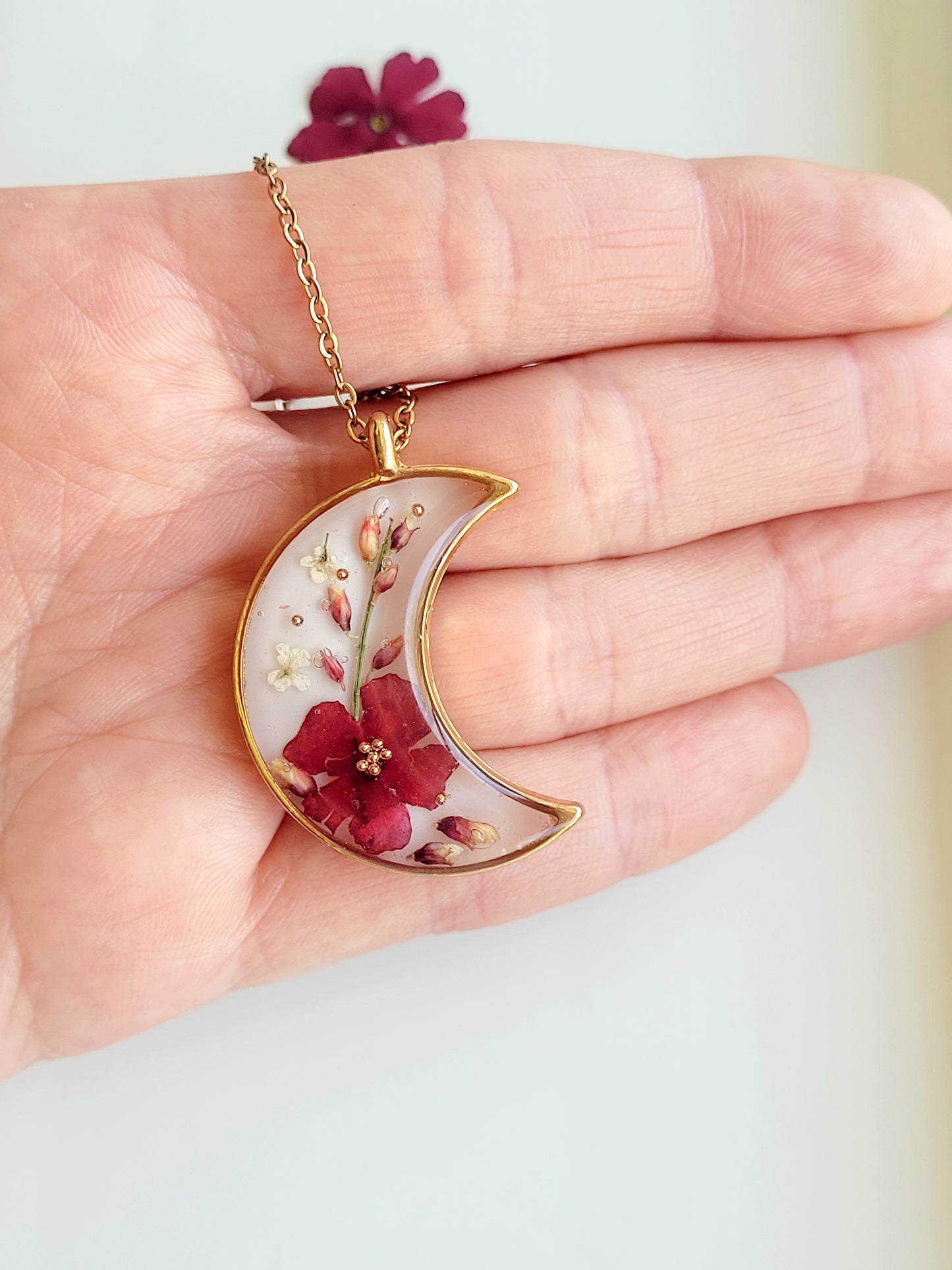 Handcrafted crescent necklace with real wildflowers, one-of-a-kind necklace and special gift for her